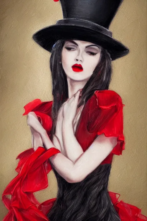 Image similar to elegant long hair lady wearing red dress and tophat, close up portrait, realistic detailed painting, dark background, noir, mysterious