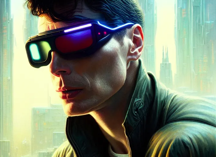 Image similar to portrait shot of cillian murphy in cyberpunk 2 0 7 7, intricate, elegant, highly detailed, centered, digital painting, artstation, concept art, smooth, sharp focus, illustration, artgerm, tomasz alen kopera, peter mohrbacher, donato giancola, joseph christian leyendecker, wlop, boris vallejo