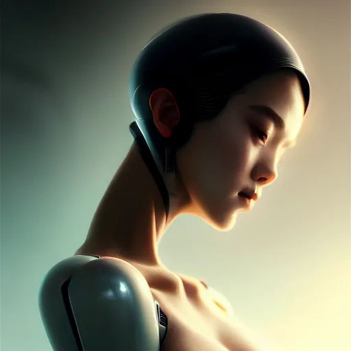 Image similar to portrait of beautiful girl with robot body by artgerm and fenghua zhong and ruan jia, close up, portrait, cinematic, elegant, artstation, intricate, highly detailed, digital painting, artstation, concept art, sharp focus, illustration, cyberpunk, cgsociety, 8 k