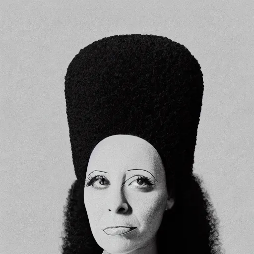 Image similar to symmetrical human portrait of marge simpson, grainy high contrast black and white photography photo print ilford warm tone