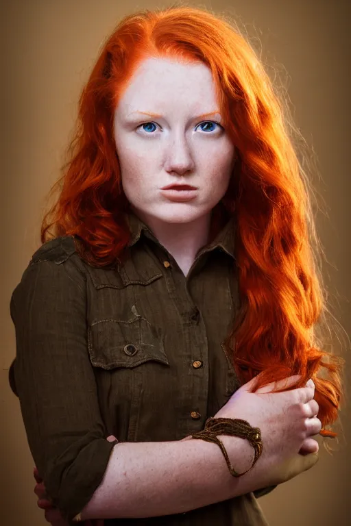Prompt: intense portrait of a redheaded huntress, age 23, by jake hicks, by michael malm, 55mm, f/1.2, cinematic lighting, dark background