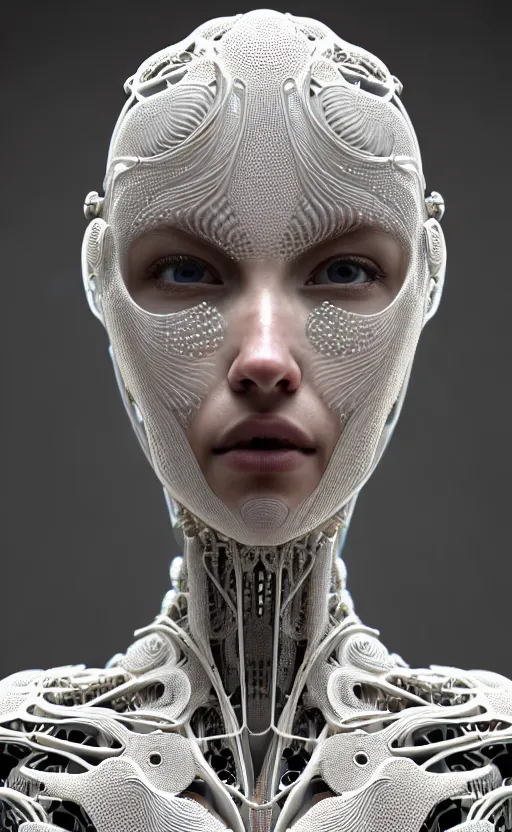 Prompt: intricate hyper detailed ultra sharp natural bright light 3 d render of a beautiful smooth porcelain fascinating cyborg woman portrait, medium shot portrait, alexandre ferra mecha, cyberpunk art nouveau haute couture huge fractal white silver gold mycelum and crystal pore fungi head ornaments, big embroidered leaves filigree spreaded roots, octane render, volumetric cinematic lighting, 8 k, vray tracing