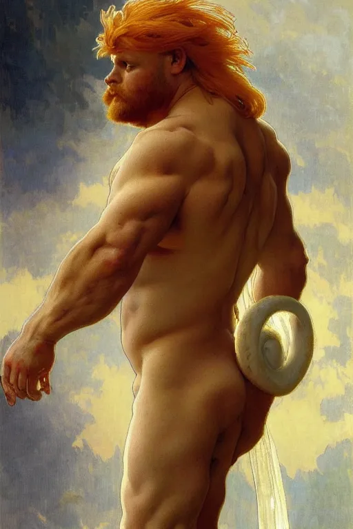 Image similar to painted portrait of rugged fat orange cat, god of thunder, greek god, white hair, masculine, powerful, handsome, upper body, white robe, muscular, hairy torso, fantasy, intricate, elegant, highly detailed, digital painting, artstation, concept art, smooth, sharp focus, illustration, art by gaston bussiere and alphonse mucha