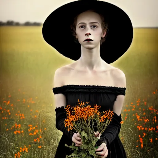 Prompt: a portrait of girl standing in a field, wearing black old dress and hat, detailed hands, by andrea kowch, dark, scene, magic realism, flowers in background,