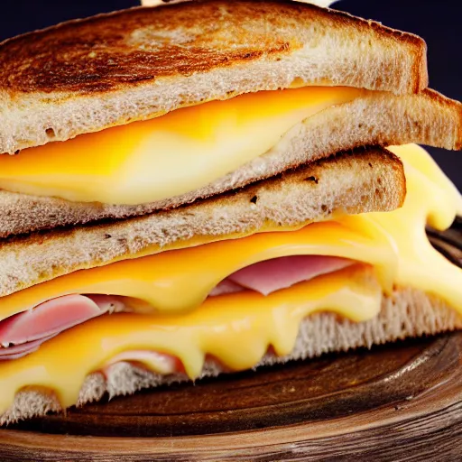 Image similar to a ham and cheese sandwich on bunny bread, sitting on a thick old book. high definition photograph