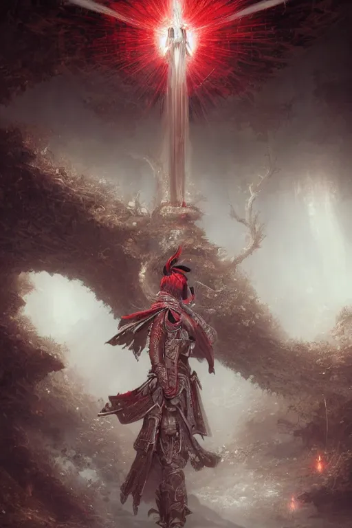 Image similar to a samurai cloaked in white carrying swords on his back, standing under a beam of light, a dark cave, ruby red sorrow, intricate, elegant, highly detailed, ornate, beautifully lit, ray traced, octane render by Peter Mohrbacher and Peter Gric