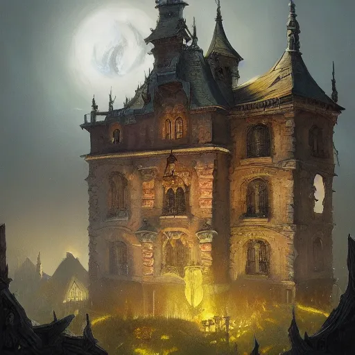 Prompt: highly detail painting of a haunted castle in the style of Greg rutkowski and Peter mohrbacher