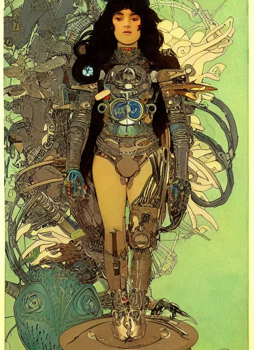 Image similar to portrait of a cyborg warrior girl character sitting on top of a robot dinosaur bird flying in space, epic character with dark skin and beautiful green eyes. the girl has a very beautiful detailed symmetrical face, long black hair. fantasy illustration by mucha