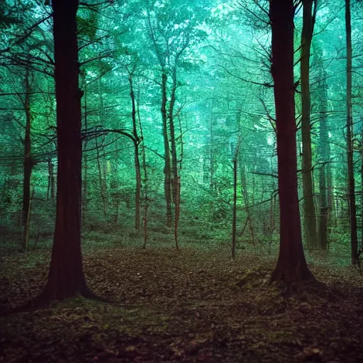 Image similar to deep forest in the night, shooting on the run, ghost far away behind the trees, poor quality of photography, 1/2 second shutter speed