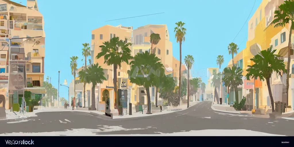 Prompt: tel aviv street from low level. optimistic. digital art. vector watercolor. highly detailed. realistic. gta v