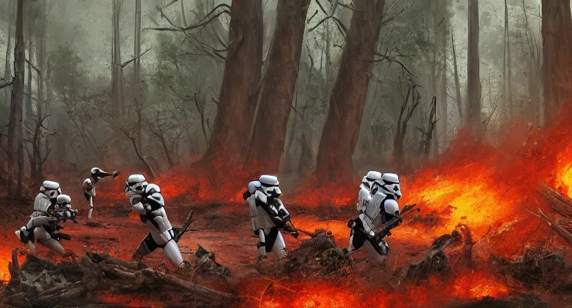 Image similar to imperial stormtroopers shooting red blaster bolts in a burned lifeless forest with burned trees and plants concept art by Doug Chiang cinematic, realistic painting, high definition, digital art, symmetrical, very detailed, extremely high detail, photo realistic, concept art, unreal engine 5, the Mandalorian concept art style