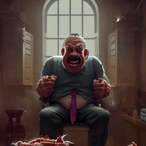 Image similar to viktor orban with detailed eyes and evil smile, sitting on the toilet and eating bacon by greg rutkowski, highly detailed, octane render, 4 k, 8 k, hdr, cgsociety, amazing lightning, masterpiece