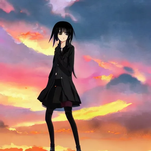 Image similar to 1 7 - year - old anime goth girl, black hair, long bob cut, long bangs, gothic coat, golden hour, partly cloudy sky, red clouds, orange sky, old town, strong lighting, strong shadows, vivid hues, ultra - realistic, sharp details, subsurface scattering, intricate details, hd anime, 2 0 1 9 anime