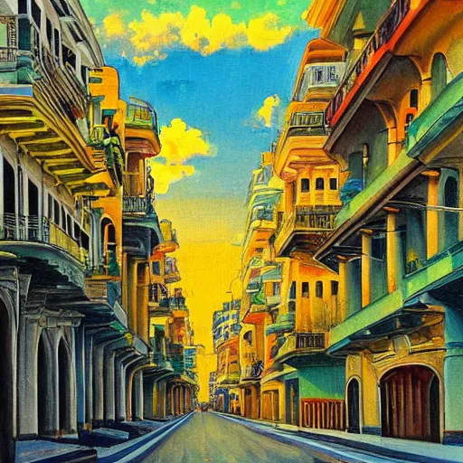 Prompt: art nouveau painting of streets of Havana, Cuba, beautiful, diverse, golden hour