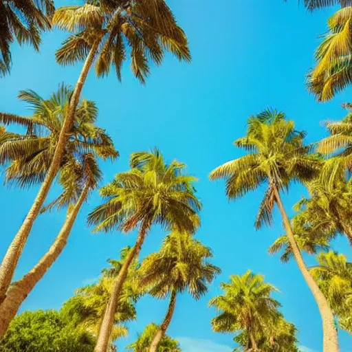 Image similar to surreal palm trees detached trunks floating floating floating in blue sky, random positions floating, flying