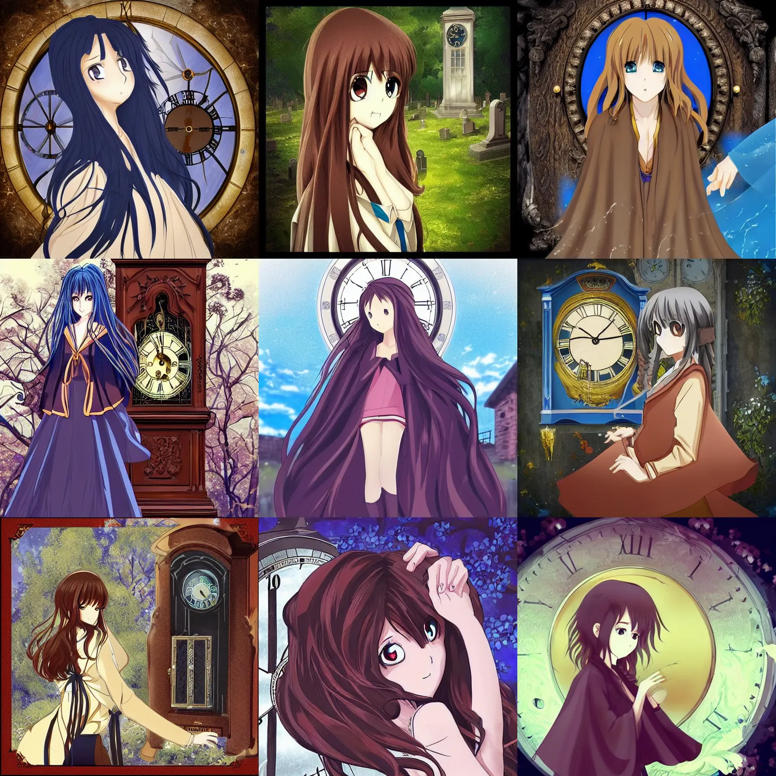 Prompt: “A beautiful anime woman with brown flowing hair, blue cape, discovering a monolithic grandfather clock in a graveyard of dreams”