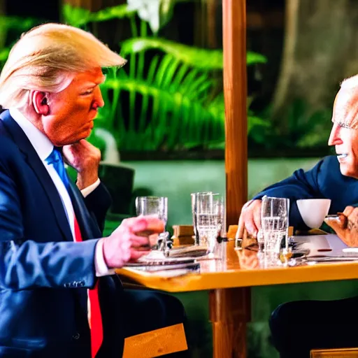 Image similar to donald Trump and joe Biden having dinner at a fancy Balinese restaurant, award winning photography, 85mm, perfect faces