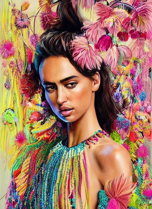 Image similar to beautiful portrait of Irina Shayk wearing fantastic Hand-dyed cotton dress,embellished beaded feather decorative fringe knots ,colorful pigtail,subtropical flowers and plants,symmetrical face,intricate,elegant,highly detailed,8k,post-processing,digital painting,trending on pinterest,harper's bazaar,concept art, sharp focus, illustration, by artgerm,Tom Bagshaw,Lawrence Alma-Tadema,greg rutkowski,alphonse Mucha