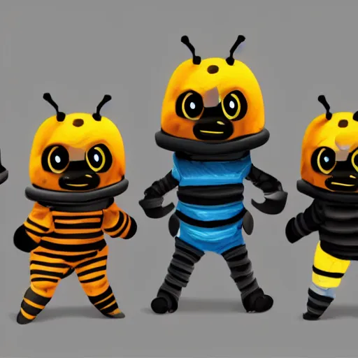 Prompt: a super cute team of bees wearing ninja gear, hyperrealistic, digital art, 4 k