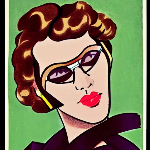 Prompt: art deco illustration of a lesbian woman with short curly blonde hair, wearing chanel glasses