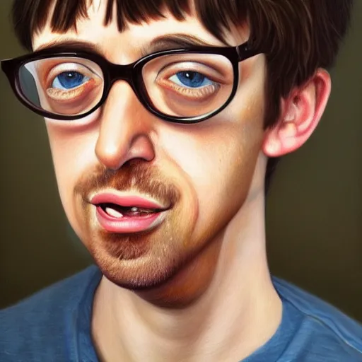 Image similar to Caricature portraits done of a young Graham Coxon, realistic, hyperrealistic, very realistic, highly detailed, very detailed, extremely detailed, detailed, oil painting, digital art, trending on artstation