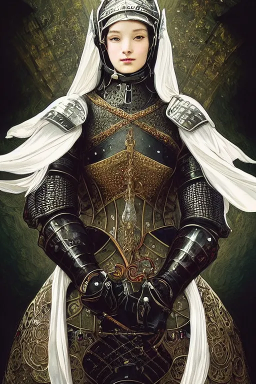 Prompt: beautiful luxury and holy and victorian and divine young northern europe female medieval white armor knight portrait like lisa blackpink+shinny eyes+front face with light flowing hair, ultradetail face, ruined gothic cathedral, art and illustration by tian zi and craig mullins and WLOP and alphonse mucha, ssci-fi, fantasy, intricate complexity, human structure, hypermaximalist, fantasy character concept, dynamic lighting, neon light, watermark, blurry, hyperrealism 8k