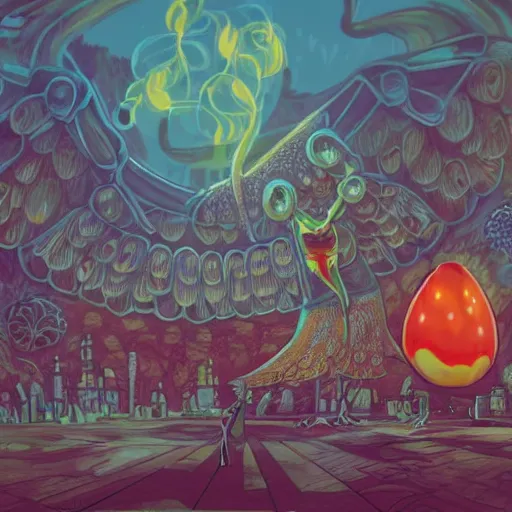 Image similar to 8K headshot Portrait of centered chest up of a psychedelic godlike mothman with giant mandala wings smoking a hand-rolled cigarette smoking heavily , magic mushroom village in background , post-processing , award winning. superb resolution. in the art style of Satoshi Kon and Greg Rutkowski . Detailed Mushroom city in background. Hyper realistic anime. Perfect art. Dalle2