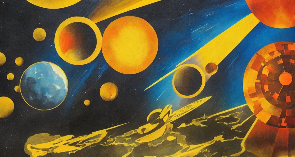 Image similar to hexagonal shield in space, blocking the sun, earth in the foreground, art deco painting