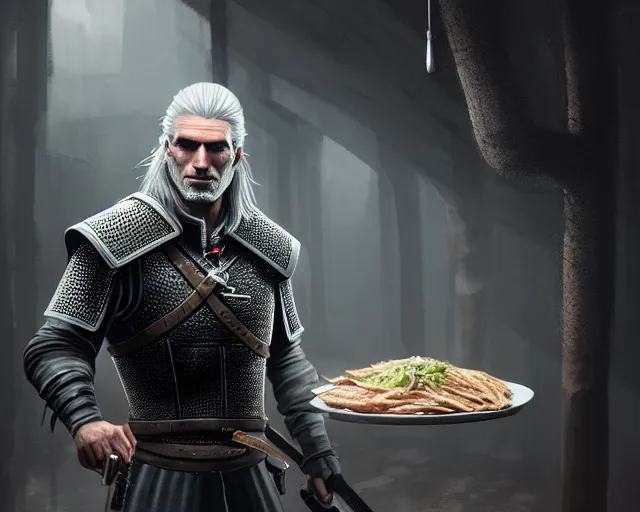 Image similar to 5 5 mm portrait photo of geralt of rivia serving doner kebab, in kaer morhen. dark atmosphere. art by greg rutkowski. highly detailed 8 k. intricate. lifelike. soft light. nikon d 8 5 0.