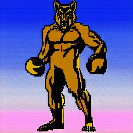 Image similar to full body shot antropomorphic muscular masculine wolf. kickboxer. wolf head. furr. 8 bit nes graphics. vaporwave futuristic 8 0's