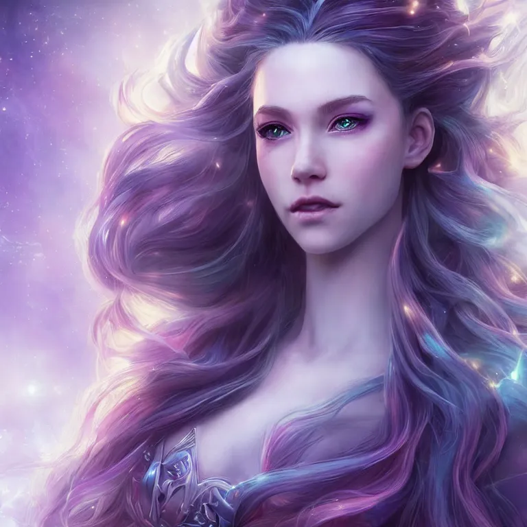 Image similar to beautiful cinematic fantasy poster, a beautiful princess like a disney princess hybrid with flowing illuminated hair, beautiful glowing galaxy eyes, wideshot ultrawide angle epic scale, hybrid from The Elden Ring and art direction by Darius Zawadzki ;by artgerm; wayne reynolds art station; cinematic quality character render; low angle; ultra high quality model; production quality cinema model;