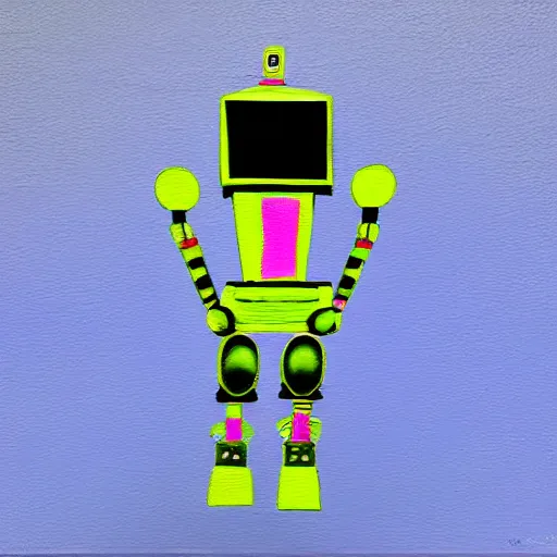 Prompt: Trippy robot is angry at the colour of his new paint job - he has been mis-repainted, realistic photograph