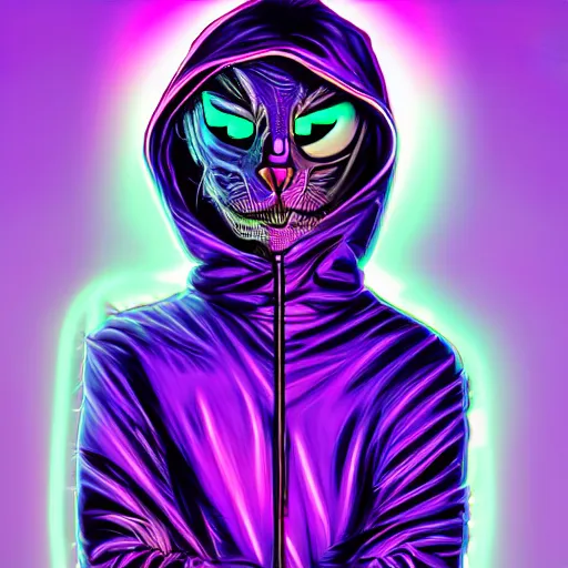 Image similar to cat skeletor in hoodie, portrait, vaporwave, synthwave, neon, vector graphics, cinematic, volumetric lighting, f 8 aperture, cinematic eastman 5 3 8 4 film, photorealistic