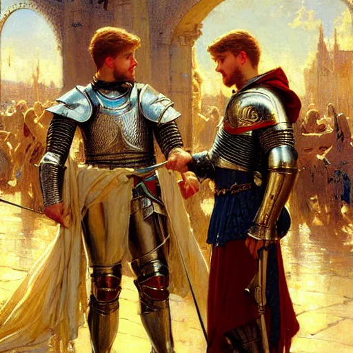 Image similar to attractive fully clothed arthur pendragon confesses his love for his attractive fully clothed male knight. highly detailed painting by gaston bussiere and j. c. leyendecker 8 k