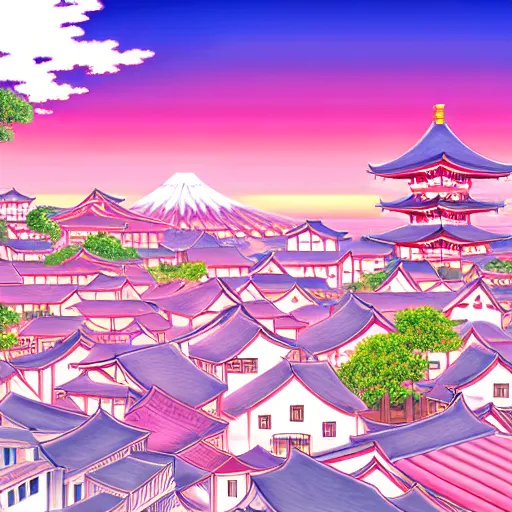 Image similar to A japanese town with pink sky, cozy town, anime wallpaper, Hirohiko Araki, Hirohiko Araki artwork, araki art, 4K