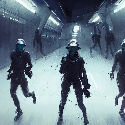 Image similar to concept art by greg rutkowski, three people running dressed in futuristic riot gear, in a claustrophobic, futuristic and brutalist environment, frightening and creepy atmosphere, scifi, highly detailed portrait, digital painting, artstation, concept art, smooth, sharp foccus ilustration, artstation hq