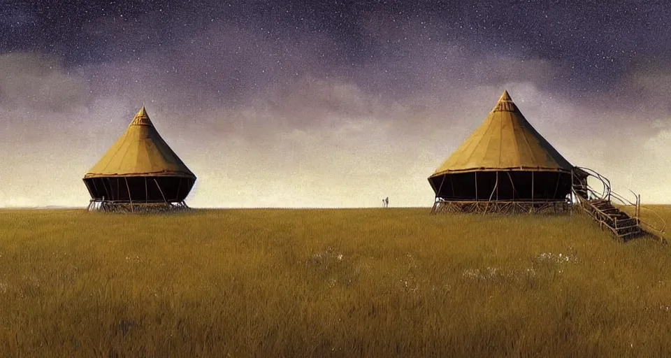 Prompt: night, stars shining, a yurt, in the steppe, summer field, in background a giant!!!!! rusty building construction of spiral upside - down stairs!!!!!, from the game pathologic 2, highly detailed, sharp focus, matte painting, by isaac levitan and asher brown durand,