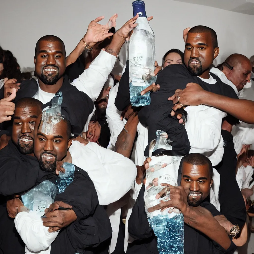 Prompt: kanye west hugging a giant bottle of sparkling water