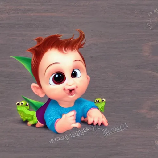 Prompt: cute little dragon baby, portrait, pixar style, wood background