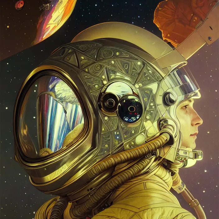 Prompt: astronaut with psychedelic reflections on helmet, diffuse lighting, fantasy, intricate, elegant, highly detailed, lifelike, photorealistic, digital painting, artstation, illustration, concept art, smooth, sharp focus, art by John Collier and Albert Aublet and Krenz Cushart and Artem Demura and Alphonse Mucha