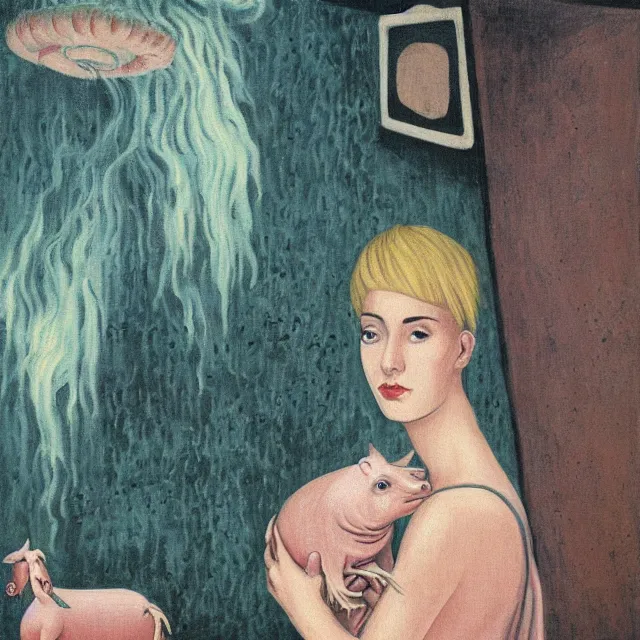 Image similar to tall female emo artist holding a pig in her flooded apartment, mushrooms, octopus, water gushing from ceiling, painting of flood waters inside an artist's apartment, a river flooding indoors, pomegranates, pigs, ikebana, zen, river, rapids, waterfall, black swans, canoe, berries, acrylic on canvas, surrealist, by magritte and monet