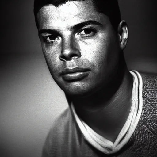 Image similar to portrait of ronaldo luis nazario de lima by yousuf karsh, holy halo, neon ambient lighting, high detail