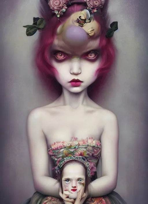 Image similar to pop surrealism, lowbrow art, realistic cute sitting alice girl painting, japanese street fashion, hyper realism, muted colours, rococo, natalie shau, loreta lux, tom bagshaw, mark ryden, trevor brown style,