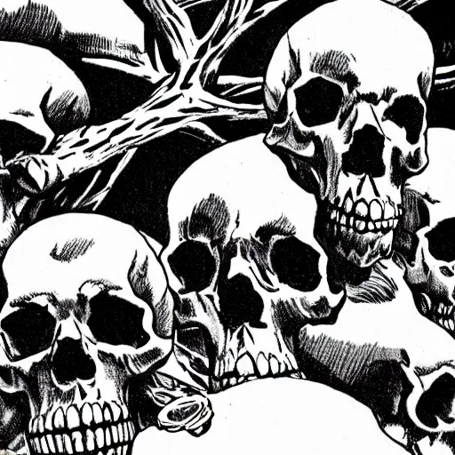 Image similar to Skulls lying under a dead tree. Close Up Shot, Dark Fantasy, Film Noir, Black and White. High Contrast, Mike Mignola, D&D, OSR