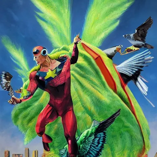 Image similar to action pigeon hero Michael Bay movie poster featuring Marvel Majestic Fat Pigeon in a extravagant full pigeon body green suit by Alex Ross, oil painting