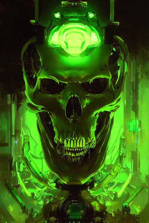 Prompt: cybernetic ghost skeleton neon green accents portrait dnd, painting by gaston bussiere, craig mullins, greg rutkowski, yoji shinkawa
