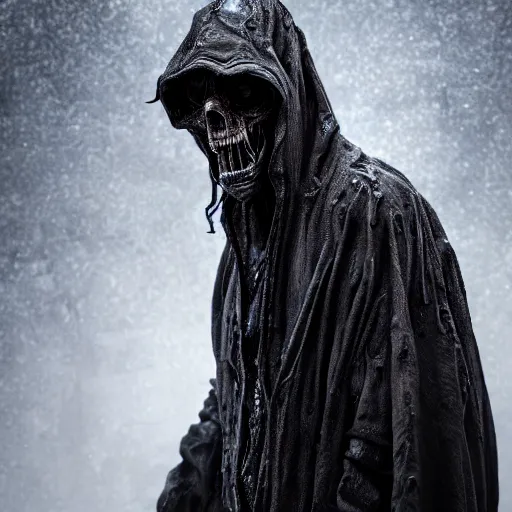 Prompt: photo taken of an epic intricate, ultra detailed, super realistic gritty, wet, slimy, lifelike sculpture of a nightmarish hellish humanoid hooded grim reaper, creature design created by weta workshop, menacing, some zoomed in shots, photorealistic, sharp focus, extremely cold blueish colour temperature, f 0. 4, full body shot