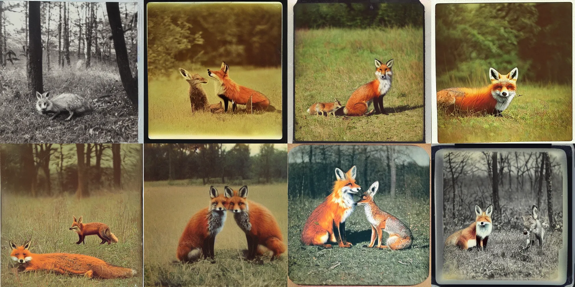 Prompt: old polaroid from 1 9 5 2 depicting a beautiful red fox and a hare, sitting next to each other peacefully, on a clearing, sunny day