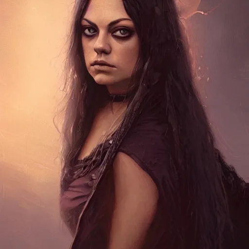 Image similar to portrait of a young mila kunis in a gothic dress, eerie colors, dramatic light, gorgeous view, depth, high detail, digital art, painted by greg rutkowski and seb mckinnon, by tim burton, trending on artstation