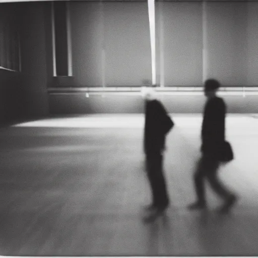 Image similar to There are two young male shadowy figures in an empty hall, motion blur, polaroid picture, black-and-white, 35mm